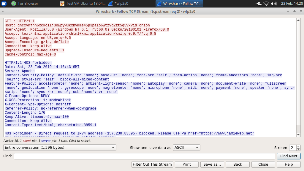 A screenshot of a TCP trace in Wireshark, showing the complete HTTP request and response.