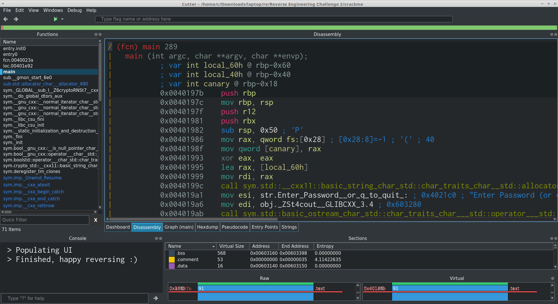 A screenshot of the Cutter interface after opening the file, showing the disassembly view of the 'main' function.